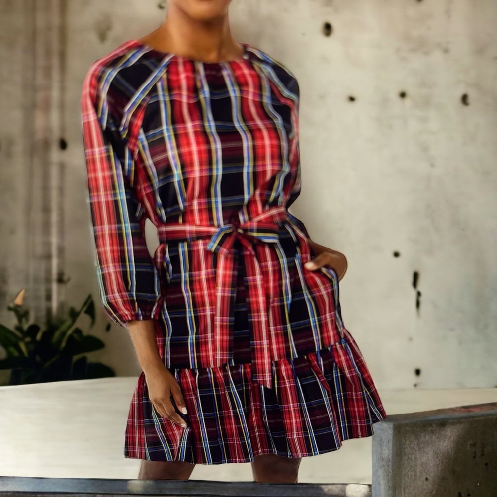 NWT DRAPER JAMES RED & BLUE PLAID TIERED BOW BACK DRESS